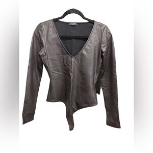 Naked Wardrobe Dark Gray Faux Leather Bodysuit